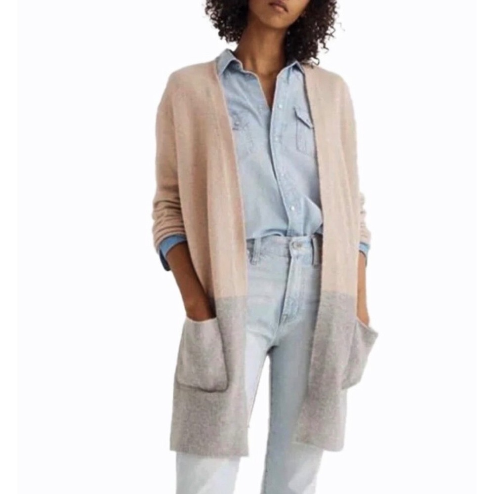 Madewell Kent‎ Colorblock Cardigan Womens S Long Open Front Tan Gray Wool Blend